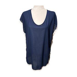 YINCRO Women’s Navy Sheer Swimsuit Coverup White Pompom Tassels XS–M Oversized